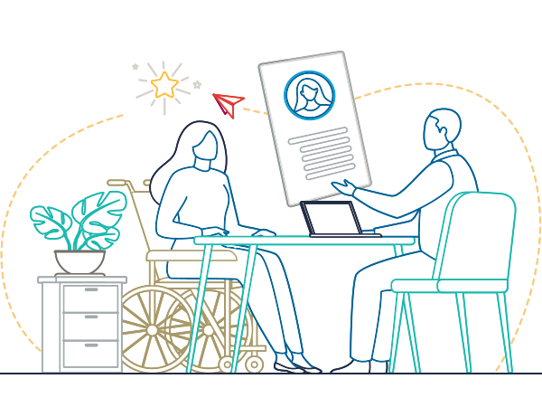 graphic of a woman in a wheelchair and a man with a laptop sitting at a table