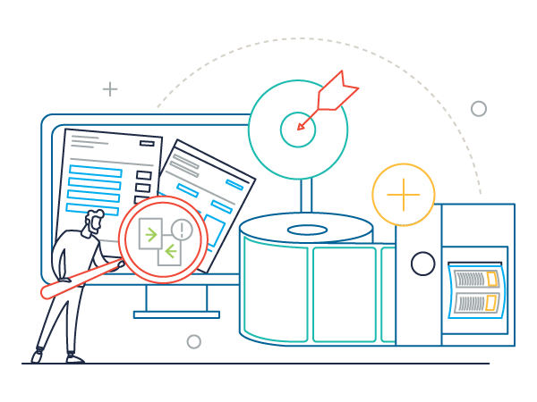 Illustration of a man holding a large magnifying glass to take a closer look at various label applications