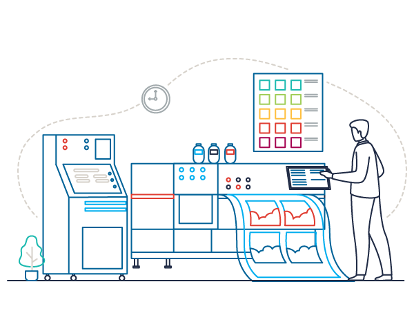 Illustration of a man working the control panel of a large commercial printer