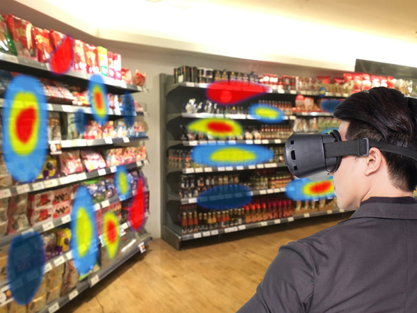 man wearing eye-tracking glasses at grocery store