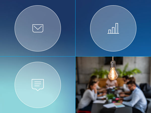 Visual showing mail, analytics, and communication icons with a light bulb symbolizing ideas, next to a team collaborating on marketing strategy.
