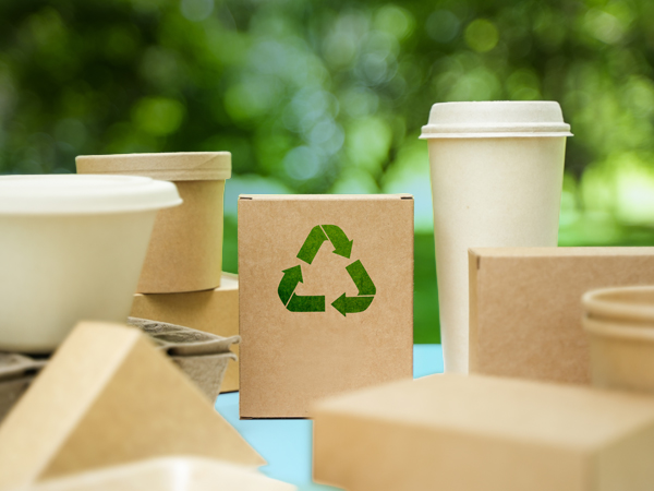 Eco-friendly packaging and an image of recyclable food and beverage packaging.