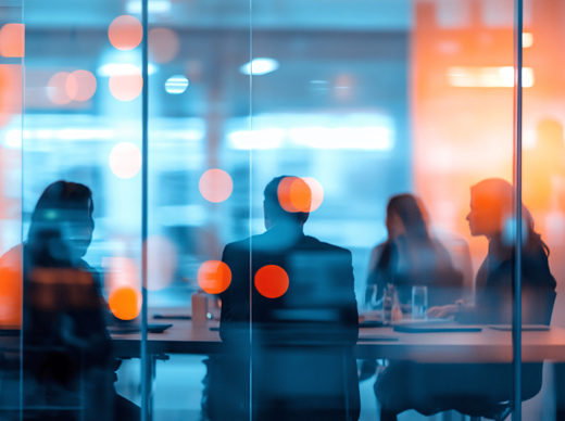 Silhouettes of people meeting around a table in a glass-walled office.