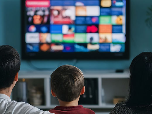 back view photo of a younger child watching television with their parents