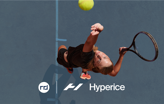 Tennis player hitting a ball with rrd and Hyperice logos