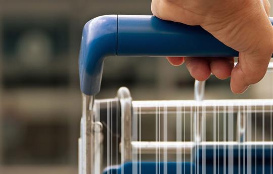 hand pushing blue shopping cart