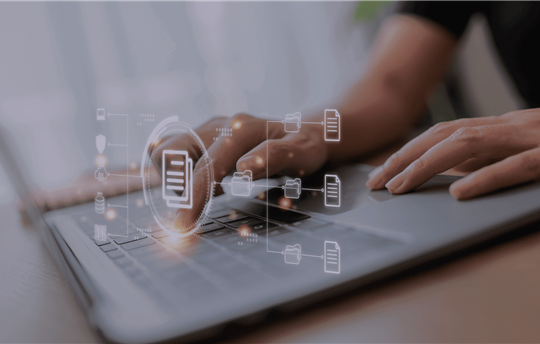 digital imagery of file folders overlaying an open laptop