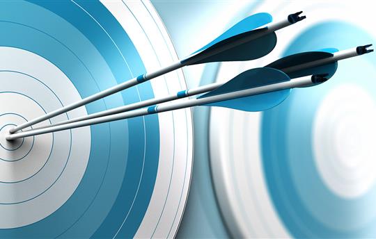 three arrows in the bullseye of a blue target