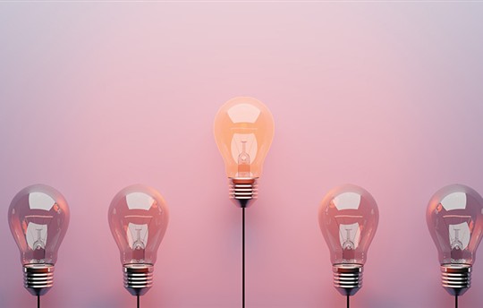 row of lightbulbs pointing upwards with the center one elevated